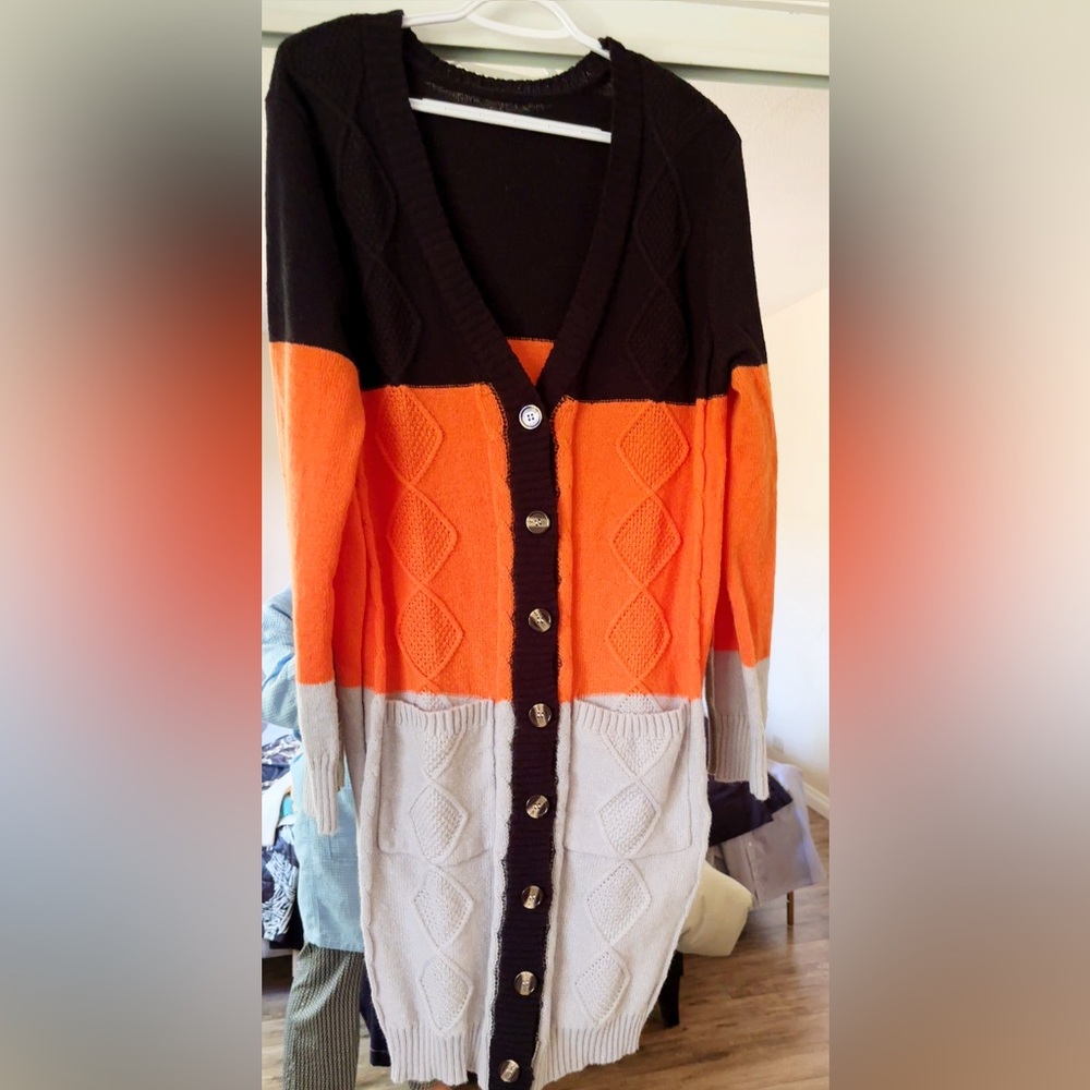 Colorblock Cardigan Sweater - Black, Orange, and Cream